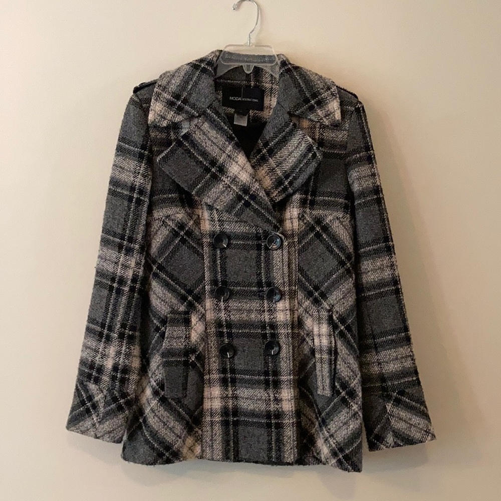 HP! Moda International Gray Plaid Wool Pea Coat